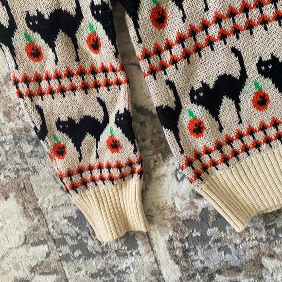 New Pumpkin Black Cat Halloween Sweater Orange Cream Long Sleeve Crew - Picture 6 of 15